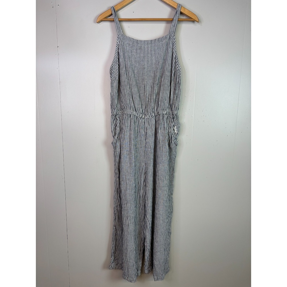 Old Navy Jumpsuit Medium Blue White Striped Linen Blend Elastic Waist Pockets